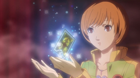 Persona - pretty, anime, magic, female, light, short hair, chie satonaka, sparks, nice, card, persona four, rpg, video game, chie, anime girl, game, persona 4, girl, lovely, brown hair, sweet, persona, glow