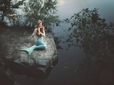 Sound of Music - women, water, rock, ocean, tree, music, mermaid, flute, sky