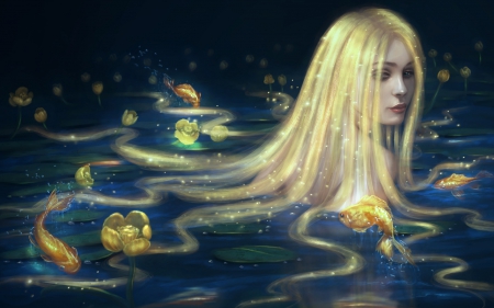 Mernaid And Friends - art, abstract, lady, mermaid, water, fish, flowers, fantasy