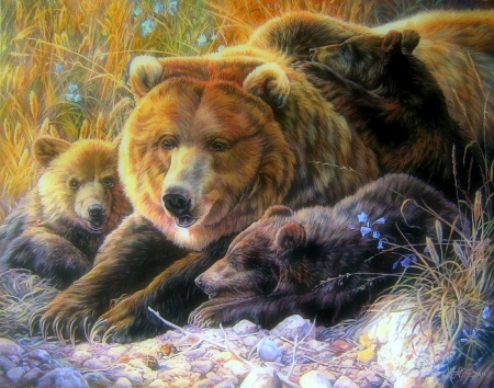 'Amicable Family' - pretty, winter, creative pre-made, beautiful, paintings, lovely, bears, family, forests, seasons, love four seasons, draw and paint, animals, wildlife