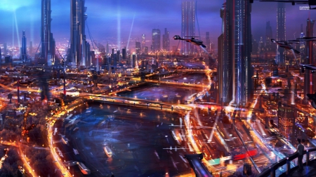 futuristic architecture - city, futuristic, architecture, river