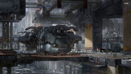 spaceship garage - garage, spaceship, man, dock