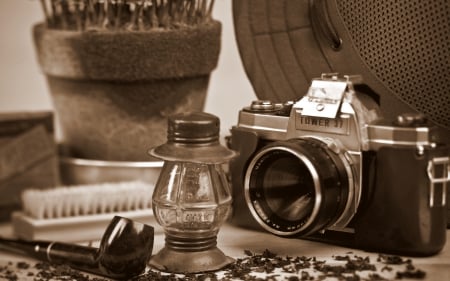 Vintage Still Life - pipe, hat, objects, still life, tobacco, camera, monochrome, vintage, lamp, old, artifacts