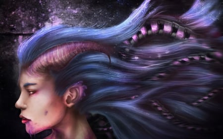 Succubus - demon, purple, pink, succubus, game, girl, blue, art, hornes, fantasy, profile, woman