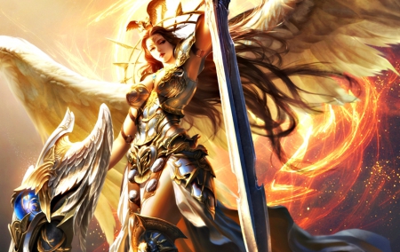 Victoriana - game, yellow, girl, sword, angel, league of angels, orange, fantasy, woman, wings, Victoriana, art