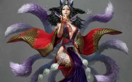 Ahri - nine tailed fox, game, league of legends, girl, fantasy, purple, Ahri, red, woman