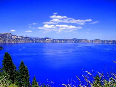 Blue lake - lake, landscape, trees, blue