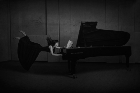 Expressive Music - piano, girl, music, instrument, black, dress