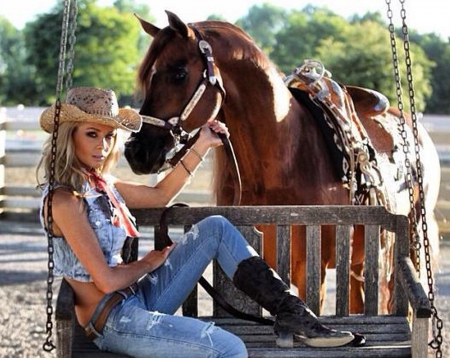 Cowgirl - hat, clouds, saddle, cowgirl, chaps, horse