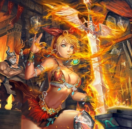 Flames Sword - woman, beauty, female, fantasy, fire, art, blonde hair, pretty, man, orange, sword, lady, helmet, flames, old man, abstract, beautiful, red, weapon, top