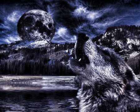 Moon of the Wolf - trees, hills, artwork, landscape, night, howling, predator, lake, sky