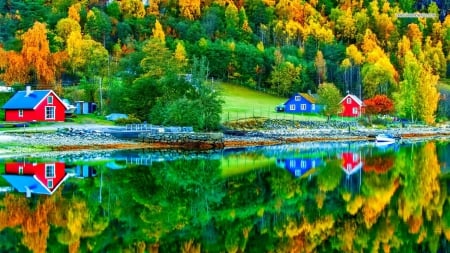 Beautiful Autumn Lake Reflection - lakes, nature, autumn, forests