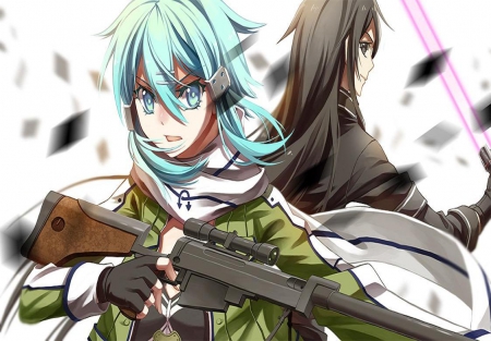 Sinon & Kirito - girls, sword art, game, anime, gun, online, long hair