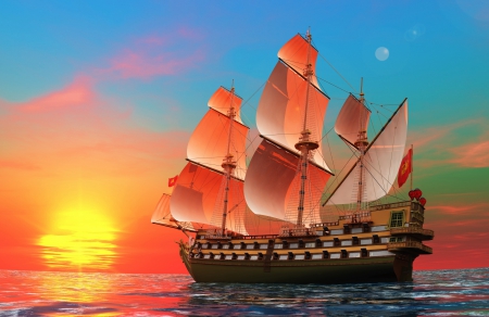 Sailing Into The Sunset - sky, ocean, boats, water, colorful, sunset, fantasy, ship, sea