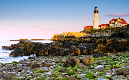 Portland Cape Elizabeth Lighthouse - water, lighthouse, portland, rocks