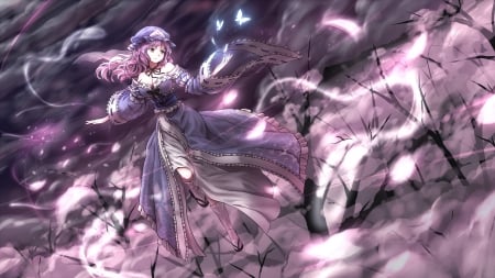 Saigyouji Yuyuko - gown, beautiful, anime girl, girl, fantasy, magic, light, touhou, pink, pretty, beauty, sweet, anime, dress, butterfly, nice, lovely, female, saigyouji yuyuko