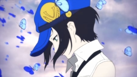 Blue Butterfly - nice, beauty, cap, persona four, marie, emotional, anime girl, black hair, pretty, anime, short hair, fly, gloomy, girl, sad, lovely, flying, sorrow, butterfly, femal, blue, beautiful, sweet, e persona, gfloom, persona 4