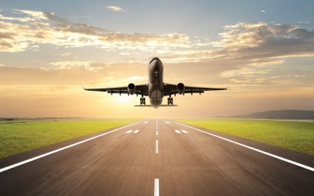 flight take off - runway, sky, plane, grass