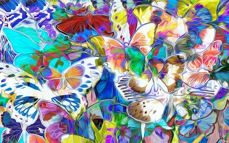 Butterflies - yellow, blue, art, wings, white, butterfly, poster, painting, green