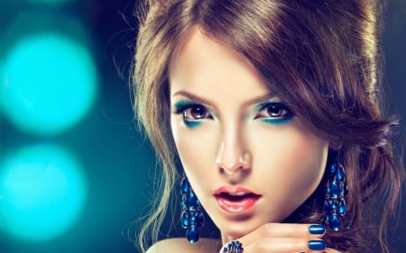 Beauty - make-up, model, earrings, jewel, girl, woman, blue