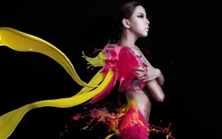 Girl - paint, yellow, girl, liquid, black, red, woman, model, asian