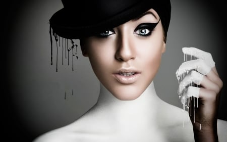 Fantasy - make-up, black, model, paint, white, hat, asian, woman, liquid