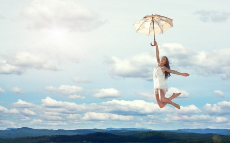 Fantasy - woman, sky, cretive, girl, fantasy, flying, cloud, umbrella, blue, situation