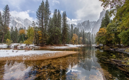 First Snow - sky, autumn, trees, forest, snow, river, mountains, first