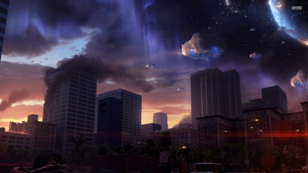 alien invasion - alien, city, spaceship, invasion