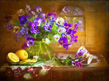 Still life - pretty, vase, delicate, coffee, beautiful, room, tea, lovely, still life, bouquet, pansies, harmony, flowers, time, fruits, lemon