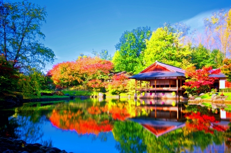 Japanese garden - autumn, lake, sky, trees, colorful, park, summer, japanese, lovely, serenity, nature, reflection, mirror, beautiful, garden, pond