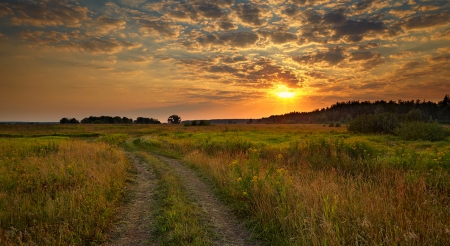 Sunset - ssunset, road, clouds, country