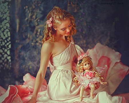 Woman and her Doll - pink, woman, model, doll