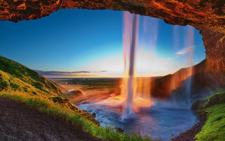 Seljalandsfoss Waterfall, Iceland - sunshine, mountain, river, water, island