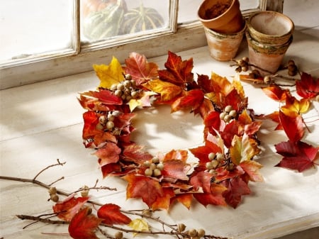 Fall Wreath - leaves, colors, art, pots