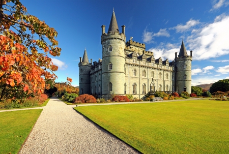 Castle - ancient, autumn, garden, old, grass, castle, leaves