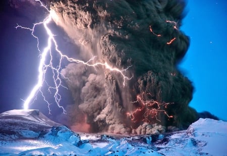 Volcanic eruption in Iceland - storm, lightening, volcano, snow, mountain, nature, awesome, breathtaking, smoke