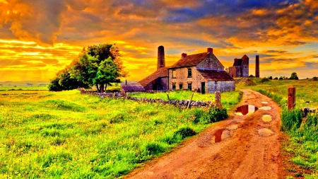 OLD FARM AFTER  a STORM - fields, sky, landscape, mountains, sunset, nature, evening, clouds, splendor, sunrays, farm house, old