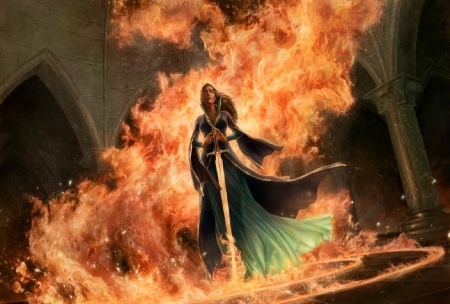 Tested By Fire - woman, sword, fantasy, fire