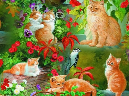 Golden cats in the sun - birds, sweet, joy, family, playing, flowers, colorful, painting, garden, cute, cats, adorable, golden, art, sun