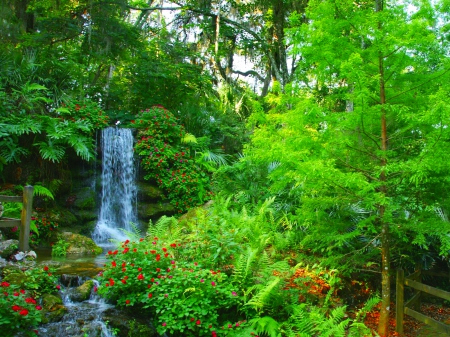 Small garden waterfall - trees, summer, beautiful, small, grass, lovely, flowers, nature, waterfall, green, garden, plants, park