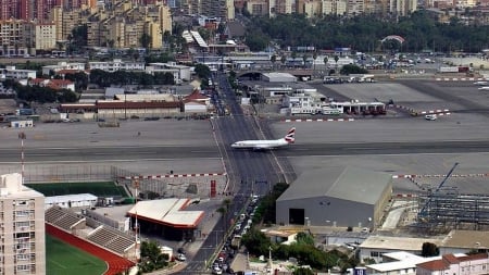 Gibraltar airport - plane, gibraltar, cars, airport, runway