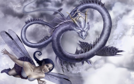 Fairies and a dragon - purple, flying, girl, blue, art, sky, fantasy, dragon, fairy, woman