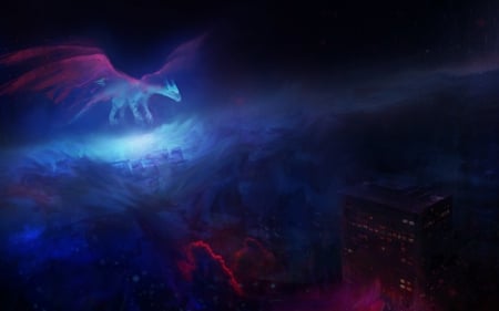 Dragon - fantasy, pink, city, dragon, luminos, blue, art