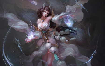 Ahri - woman, tail, beauty, girl, neko-mura ikkro, art, league of legends, nine, ahri