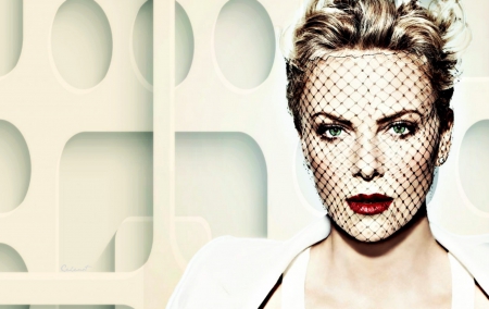 Charlize Theron - woman, face, actress, veil, girl, by cehenot, charlize theron, make-up