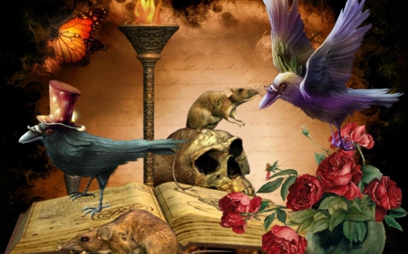 magic - skull, art, magic, book, flower