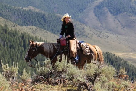 Colorado Cowgirl - hat, cowgirl, trees, chaps, Colorado, mountains, horse