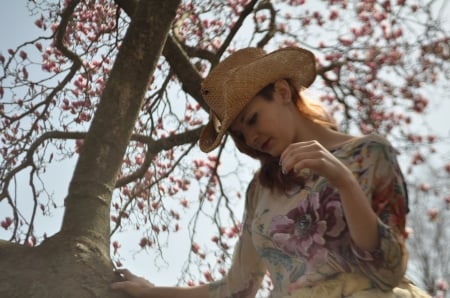 Cherry Blossom CowGirl - blossom, cherry, cowgirl, hat