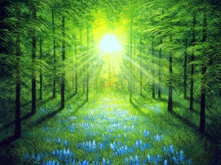 ╭♥╯Green Dawn╭♥╯ - attractions in dreams, creative pre-made, flowers, stunning, blue flowers, forests, landcapes, sunlight, trees, beautiful, paintings, sunshine, colors, glow, nature, green, love four seasons